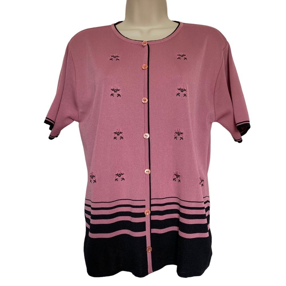 Sona Modas Collection Pink Black Embroidered Floral Fine Knit Faux Cardigan